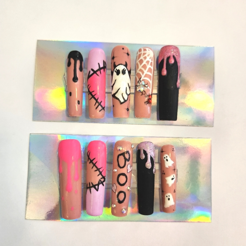 FantaSea Fingers Boo Ghosts Summerween Long Square Nails Size Small